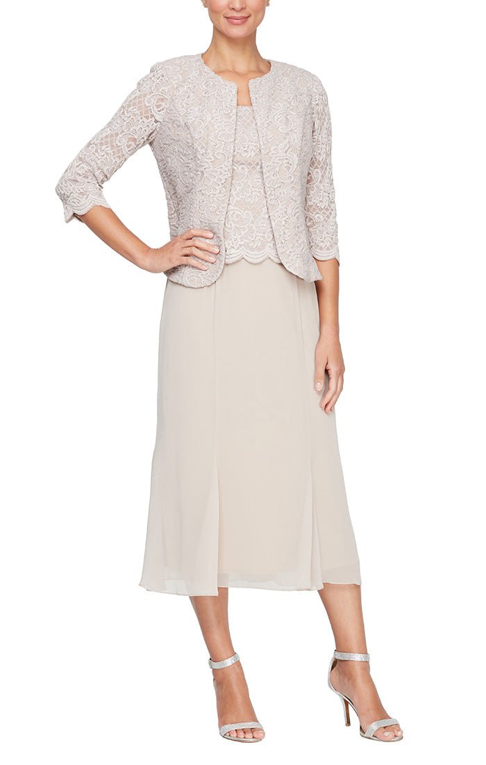 ALEXEVENINGS Plus Flattering Tea-Length Dress with Detachable Jacket | Sweetheart Neckline & 3/4 Bell Sleeves | Romantic Floral Lace Trim for Curves