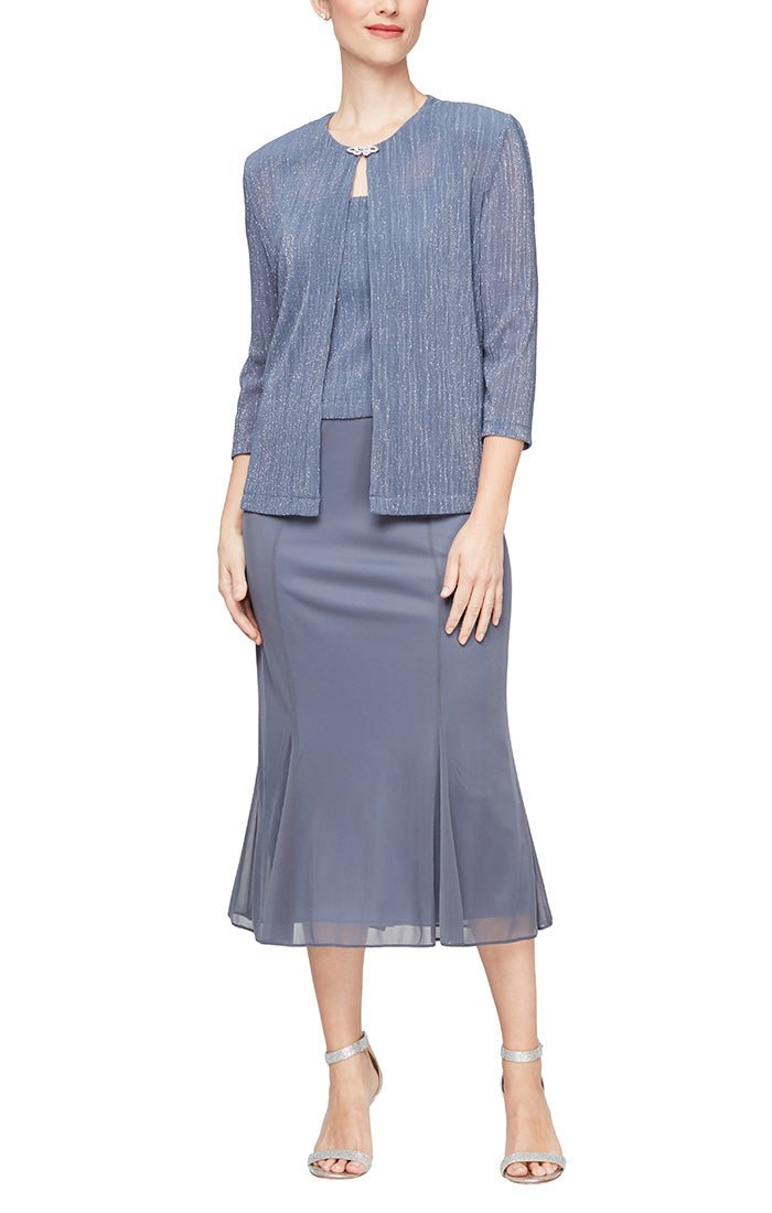 ALEXEVENINGS Plus Sparkling Pleated Mesh Jacket Dress with Hook-Front Closure & Square Neckline Bodice