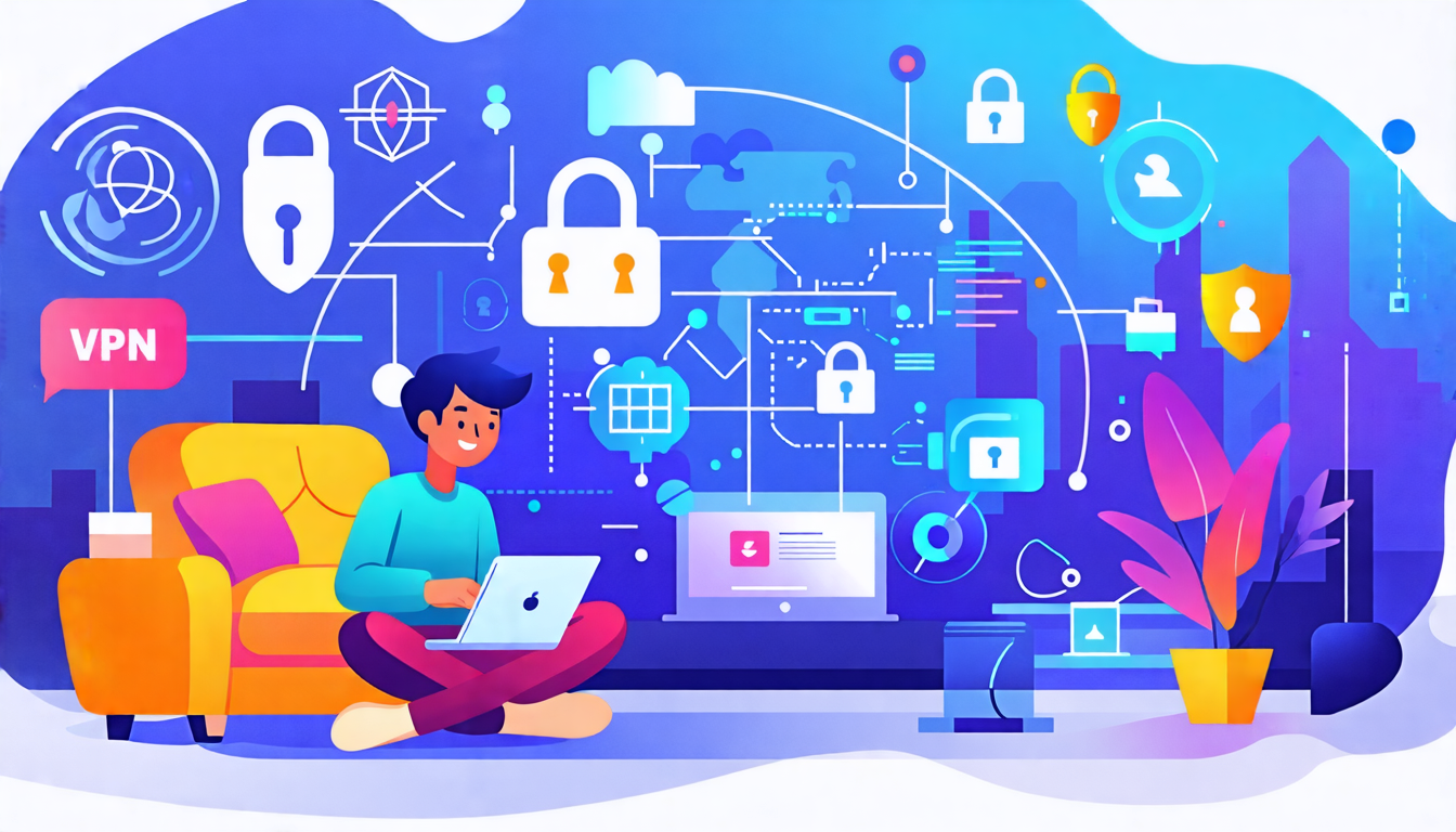 Create a digital illustration depicting an individual using a laptop in a cozy home setting, surrounded by icons and symbols representing online privacy protection. Include elements such as padlocks, shields, VPN symbols, and secure network signs, alongside abstract representations of data encryption and two-factor authentication. The atmosphere should be both serene and secure, emphasizing the importance of safeguarding personal information online.