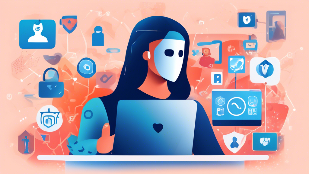 A digital illustration of a person in front of a computer, using a privacy protection service like Abine DeleteMe. The background includes a shield symbol and various icons representing online activities (social media, search engines, email, etc.) being safely masked or deleted. The overall tone is secure and reassuring, emphasizing cybersecurity and online privacy.