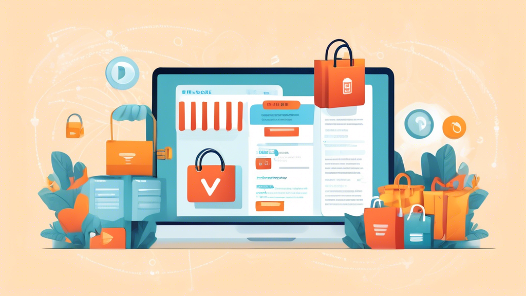 Create an illustrative image of an online store's privacy policy page. The page should be neatly designed with sections for Data Collection, Use of Information, Cookies, and User Rights. Include icons representing security, data protection, and transparency. The background should show a friendly, professional-looking website with a shopping cart and product thumbnails, emphasizing a trustworthy and consumer-friendly atmosphere.