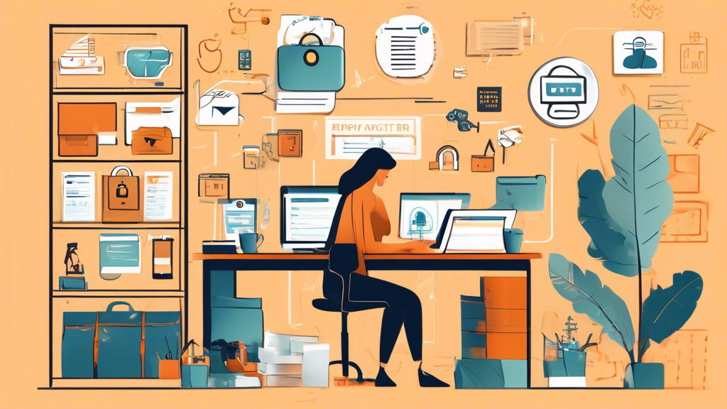 An engaging illustration of an online store owner drafting a privacy policy document at their desk, surrounded by symbols representing data protection, security locks, and customer trust. The desk has a computer screen displaying the store's website, while a 'Privacy Policy' form is being written on paper. The background features shelves with products and a warm, inviting atmosphere.