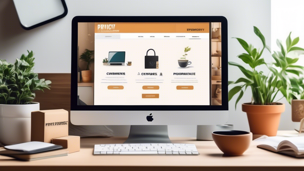 Create a visually engaging image of a computer screen displaying an e-commerce website with a prominent banner that reads 'Privacy Policy.' The setting is a modern workspace, with elements such as notepads, a coffee cup, and a plant to add a touch of realism. Include icons representing security, like padlocks and shields, to emphasize privacy and protection.