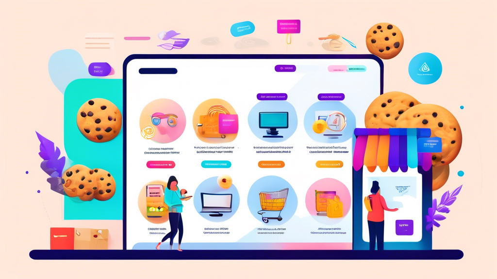 Create an image of an e-commerce store website featuring a detailed privacy policy section. Include visual elements like icons representing data security, user consent, and transparency. Show a diverse group of customers browsing products while a pop-up notification about cookies and data collection appears on the screen.