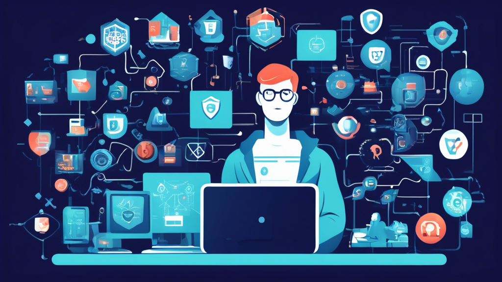 Create an illustration of a person sitting at a computer, surrounded by various icons representing online privacy tools such as VPNs, secure websites, two-factor authentication, and antivirus software. The background should show a balance of technology and security, with shields, locks, and encrypted codes. The overall mood should be informative and reassuring, highlighting the importance of protecting yourself online.