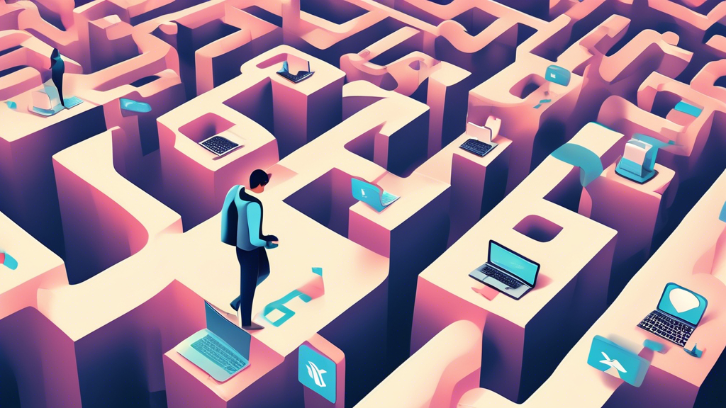 A digital illustration of a person confidently navigating through a maze of computers and smartphones, symbolizing the complexity of online data. They are using tools like email, settings menus, and data privacy icons to delete and secure their personal information. Background features symbols of social media platforms and cloud storage being locked down or erased. The overall tone is empowering and informative.