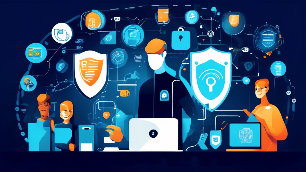 Create an illustration that showcases a blend of modern technology and security measures. Include elements such as a person using a computer with a padlock symbol on the screen, a smartphone showing a fingerprint authentication, a shield with a privacy key, and interconnected devices with encryption symbols. The overall theme should convey the importance of digital privacy and security in today's tech-savvy world.