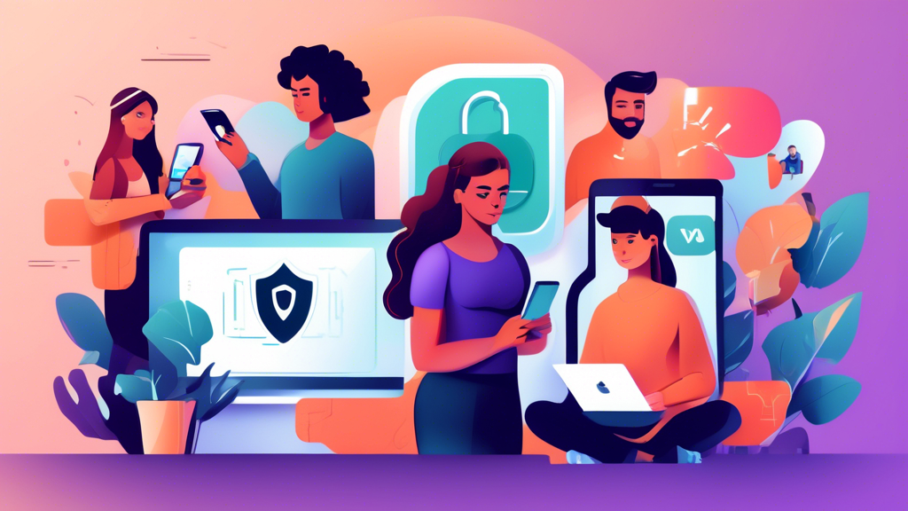 Create a digital illustration featuring a diverse group of people using various digital devices like phones, tablets, and laptops, with a shield symbol or lock icon prominently displayed on each device. In the background, incorporate elements like VPN symbols, secure password hints, and privacy settings icons. The scene should have a modern, user-friendly aesthetic, emphasizing the importance of online privacy. The overall tone should be informative and reassuring.