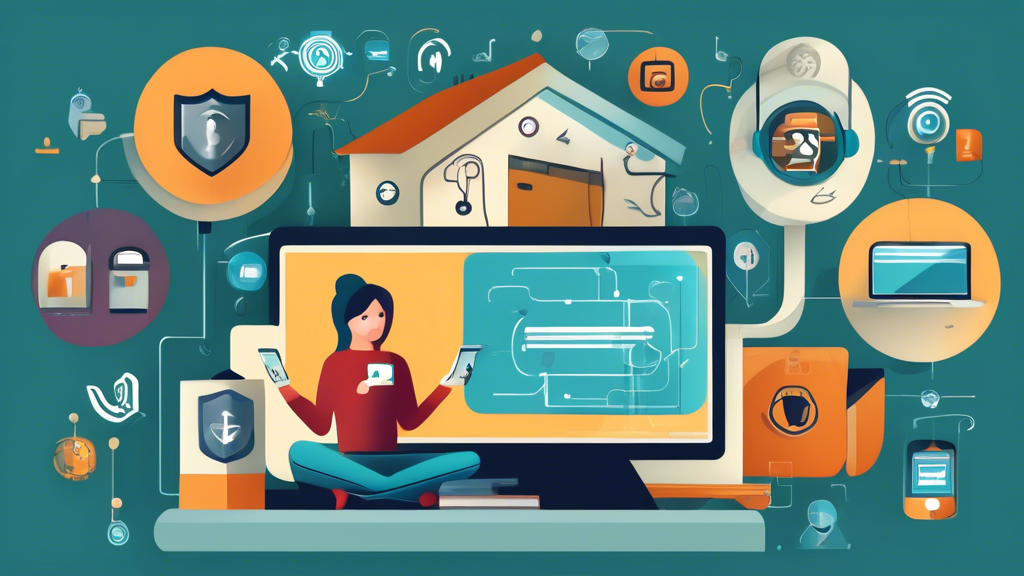 Create an image depicting a person in a cozy home setting, surrounded by digital devices such as a laptop, smartphone, and tablet. The devices are shielded by icons representing security features, like a padlock for strong passwords, a shield for antivirus software, and a key for encryption. The background includes elements like a Wi-Fi router with a secure connection symbol and social media apps with privacy settings icons, suggesting a sense of online safety and privacy.