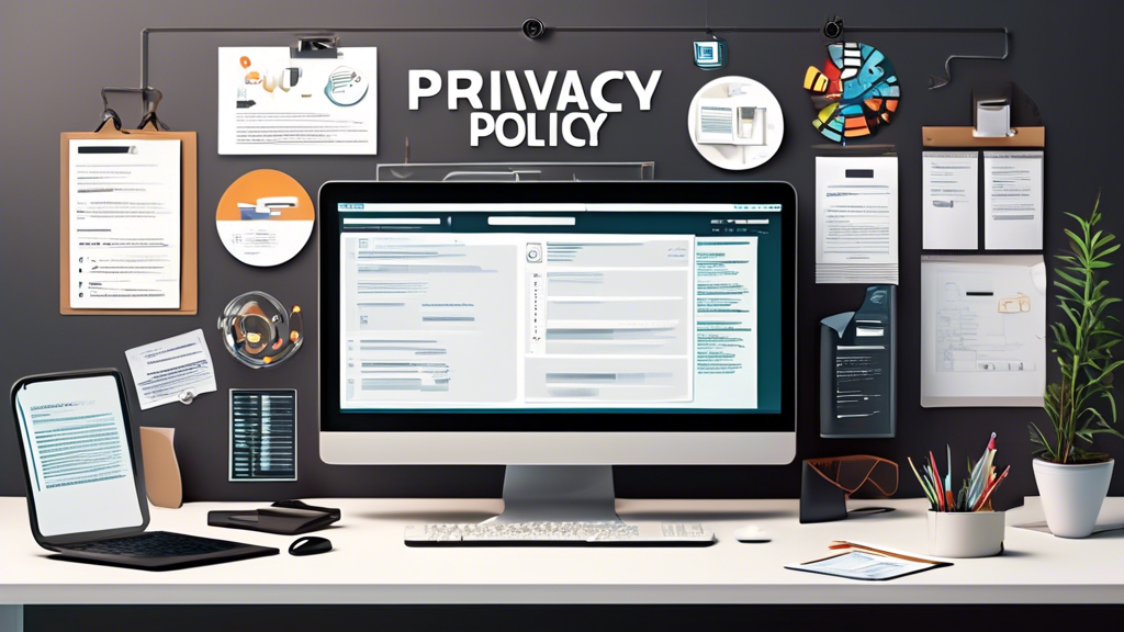 Create a detailed and visually engaging image of a professional workspace, featuring a computer screen displaying a web page titled 'Privacy Policy'. Surround the workspace with elements representing data security, such as lock icons, shield icons, and stacks of documents labeled 'User Data' and 'Regulations'. Ensure the setting emphasizes professionalism and attention to detail, reflecting the meticulous process of crafting an effective online privacy policy.