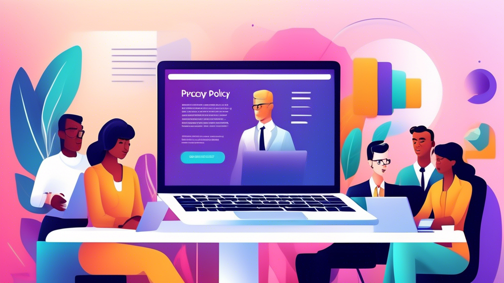 Create an image depicting a modern, vibrant website homepage with a prominent 'Privacy Policy' section. The scene includes a diverse group of business professionals gathered around a laptop, looking pleased as they discover information about obtaining a free privacy policy. The backdrop should include elements like a sleek office interior, paperwork, and a digital interface showcasing a privacy policy generator tool.