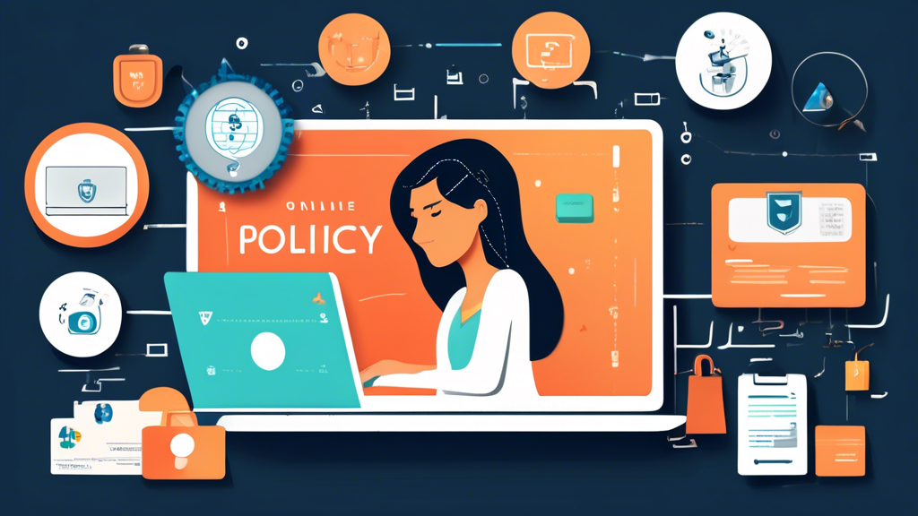 A detailed illustration of a modern online store webpage showing a prominent section labeled Privacy Policy. The background includes icons representing data security, such as padlocks, shields, and key symbols. The webpage is being edited on a sleek laptop with a comfortable workspace setting. A well-dressed person is thoughtfully typing on the laptop, with notes and organizational charts scattered around, indicating the process of creating a comprehensive privacy policy.