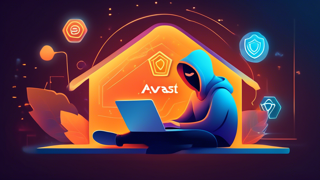 Create an image depicting a person browsing the internet on a laptop, surrounded by a glowing protective shield symbolizing cybersecurity. On the laptop screen, there's a prominent Avast logo. The background is a modern, cozy home environment with subtle hints of privacy symbols in the decor, like small locks and keys. The overall mood is secure and confident.