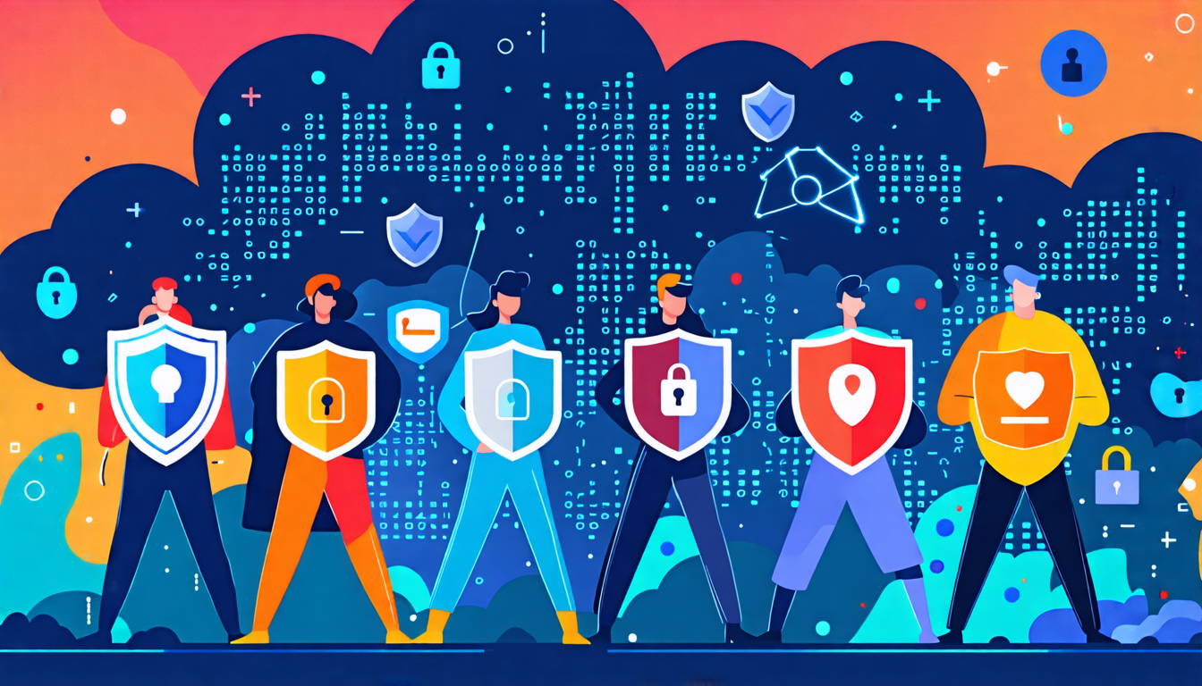 Create an image showing various online privacy protection services as cartoon characters standing together, each representing different aspects of internet security like VPNs, antivirus software, secure messaging apps, and password managers. They are depicted as friendly, heroic figures with shields and locks in a digital environment filled with cyber threats, symbolized by dark, ominous cloud shapes and binary code streams.