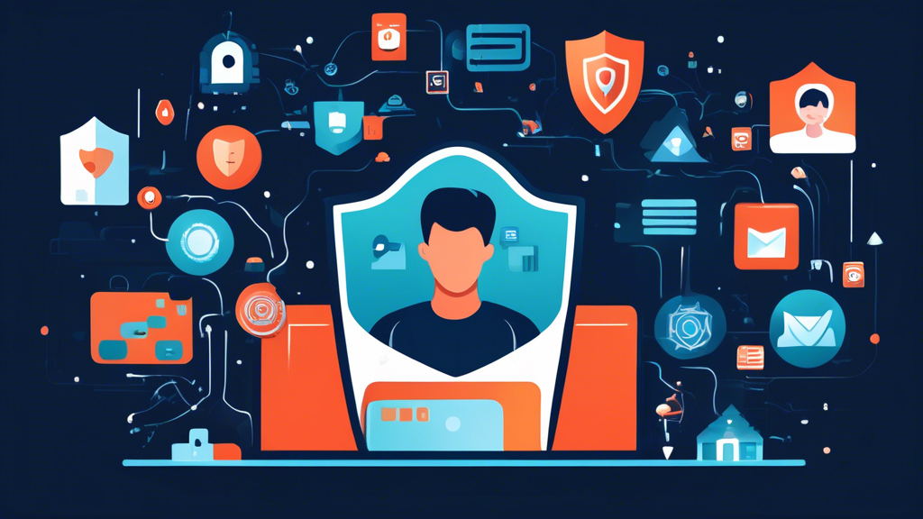 Create an image of a person using a computer with a digital shield around them, symbolizing online privacy protection. The background features various icons representing personal information being safely removed or protected, such as email addresses, phone numbers, and home addresses. The overall theme should convey security and control over one's digital footprint, inspired by the concept of 'Deleteme' by Abine.