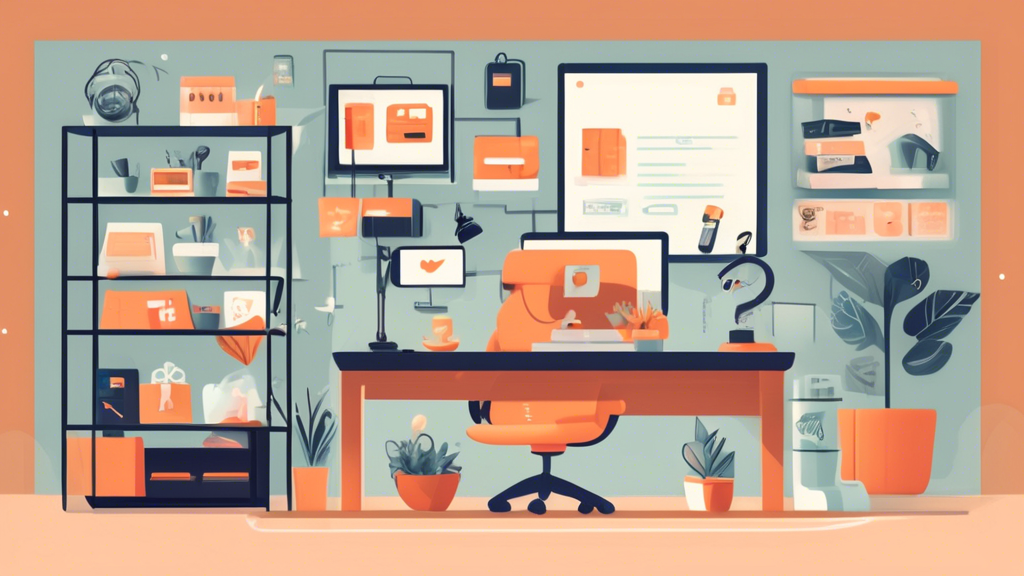 Create an illustration of a small online store set in a cozy home office. The scene should feature a computer screen displaying a comprehensive privacy policy, with key points like 'Data Protection,' 'User Consent,' and 'Third-Party Sharing' clearly visible. Surrounding the screen, include elements that signify security and privacy such as a shield, lock, and key icons. The atmosphere should feel professional yet welcoming and transparent.