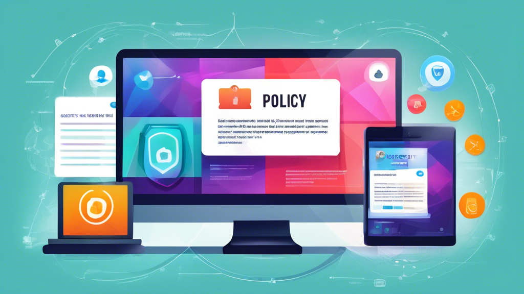 Create an image depicting a sleek, modern digital interface of a website with two prominent buttons labeled 'Terms of Use' and 'Privacy Policy.' The background should include visuals of digital security icons, legal documents, and charts to symbolize the importance of online security and legal compliance. The overall tone should be professional and informative.