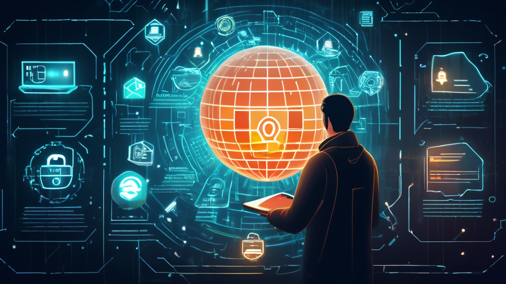 Create an image depicting a digital fortress protecting a glowing sphere that represents personal information. The fortress is built from symbols of cybersecurity such as locks, shields, and digital padlocks. Include a character in the foreground holding a checklist with the 5 essential tips: strong passwords, two-factor authentication, encryption, secure networks, and regular updates. The background should be a matrix of binary code, emphasizing the digital realm.