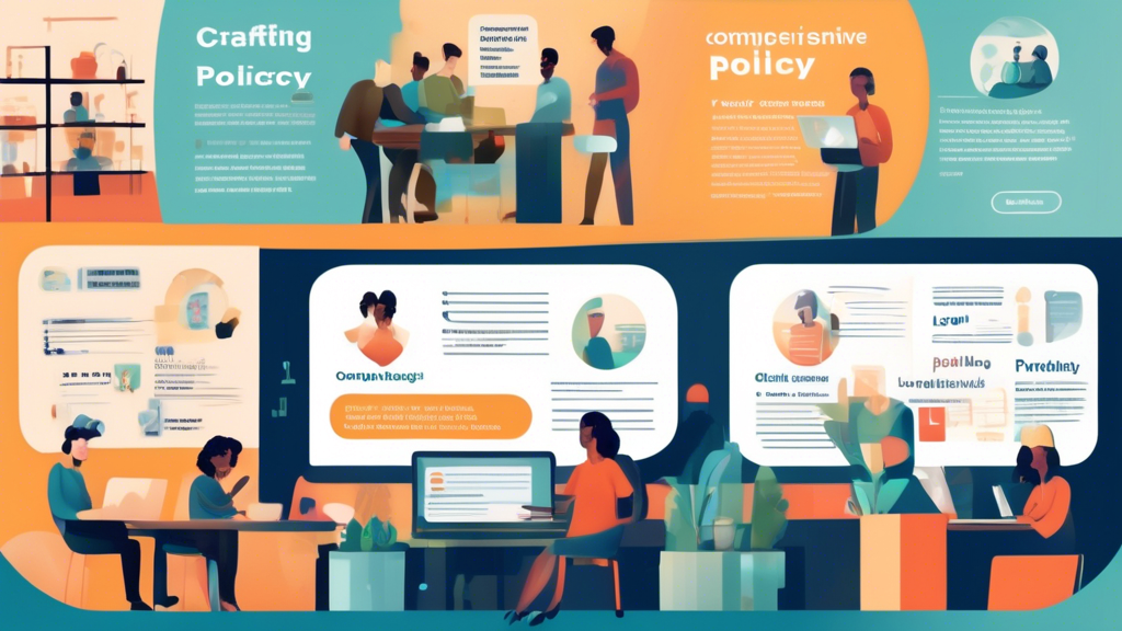 Create an image that illustrates a digital scene of a virtual workshop titled Crafting a Comprehensive Privacy Policy for Your Online Store. The scene includes diverse individuals of various ages and ethnicities, attentively participating via their computers. Behind them are blurred virtual backgrounds of home offices and cafes. Prominently displayed are digital screens showing snippets of text with legal language, icons representing data protection, lock symbols, and graphs indicating online security. The overall atmosphere is one of learning and collaboration, focusing on privacy and data protection in e-commerce.