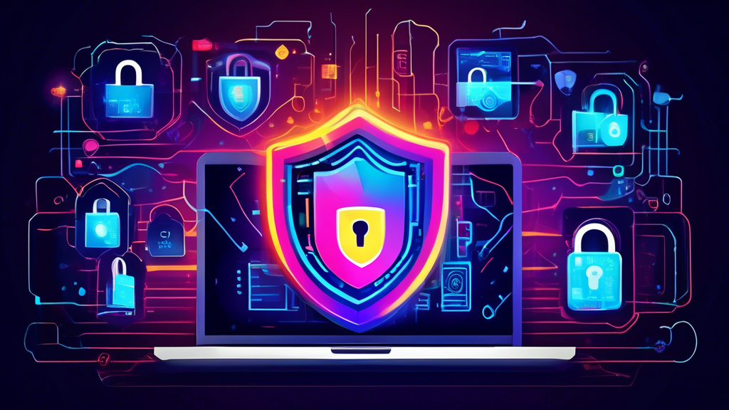 Create an illustrative image depicting a digital fortress with layers of vibrant, glowing shields surrounding a laptop. Each shield represents different aspects of online security, such as a padlock, a fingerprint, a shield with a keyhole, and encrypted code. The background should include abstract representations of the internet, like binary codes and network patterns, symbolizing the digital realm being protected. The overall tone should convey a sense of robust security and technological sophistication.