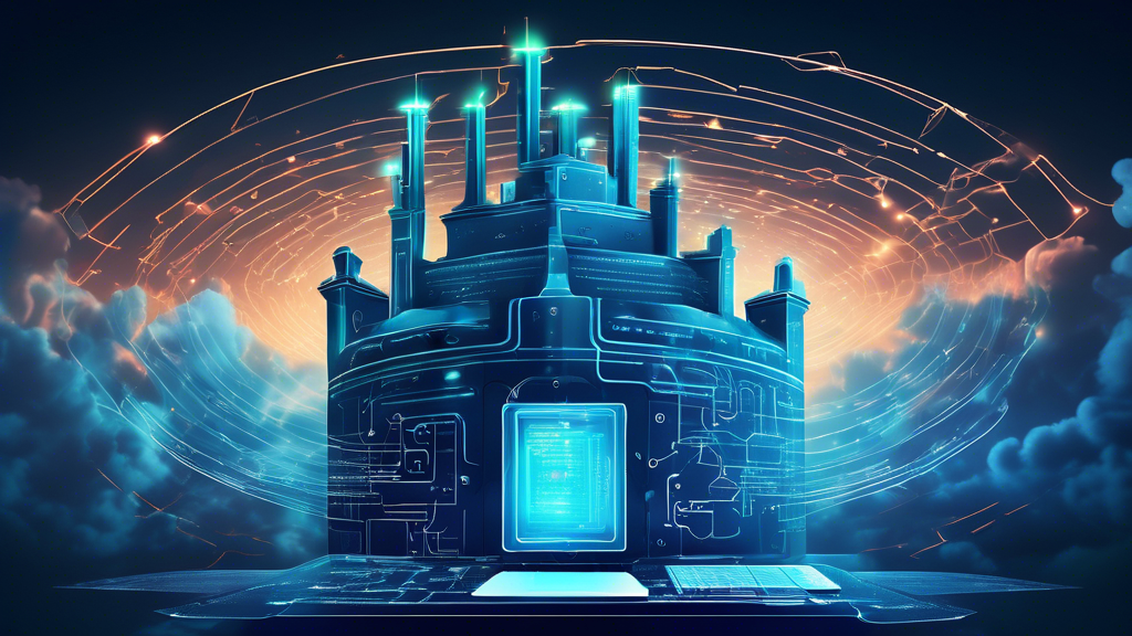 Create an image depicting a futuristic digital fortress surrounding a computer, symbolizing enhanced online privacy protection. The fortress should be a blend of advanced technology and abstract design elements, with glowing locks and encrypted codes swirling around. In the background, subtle imagery of cloud storage and data streams should be visible, emphasizing the theme of security in the digital age.