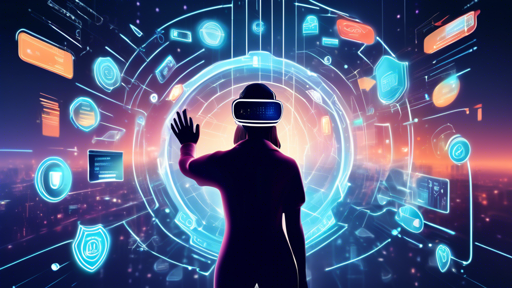 Create an image illustrating a futuristic digital landscape with a user wearing VR goggles, carefully navigating through floating holographic icons of personal information such as ID cards, email addresses, and social media profiles. The user is using virtual tools designed to safely and effectively remove or shield these data icons. The background should convey a sense of cybersecurity with elements like digital locks, shields, and protective barriers.