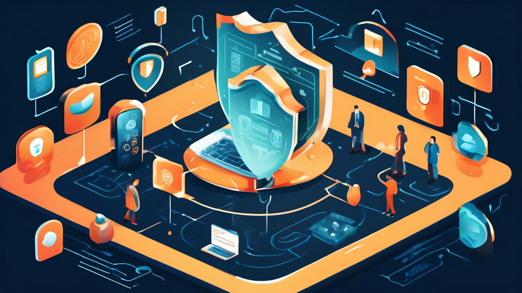 Create an image depicting a digital landscape illustrating various strategies to protect personal information online. Include elements such as a shield symbolizing security, a padlock representing encryption, a fingerprint indicating biometric authentication, and a maze symbolizing complex passwords. Integrate visuals such as computer screens with blurred data, abstract representations of firewalls, and a person thoughtfully interacting with a smartphone. Use a color palette that conveys a sense of safety and technology, with blues, greens, and whites.