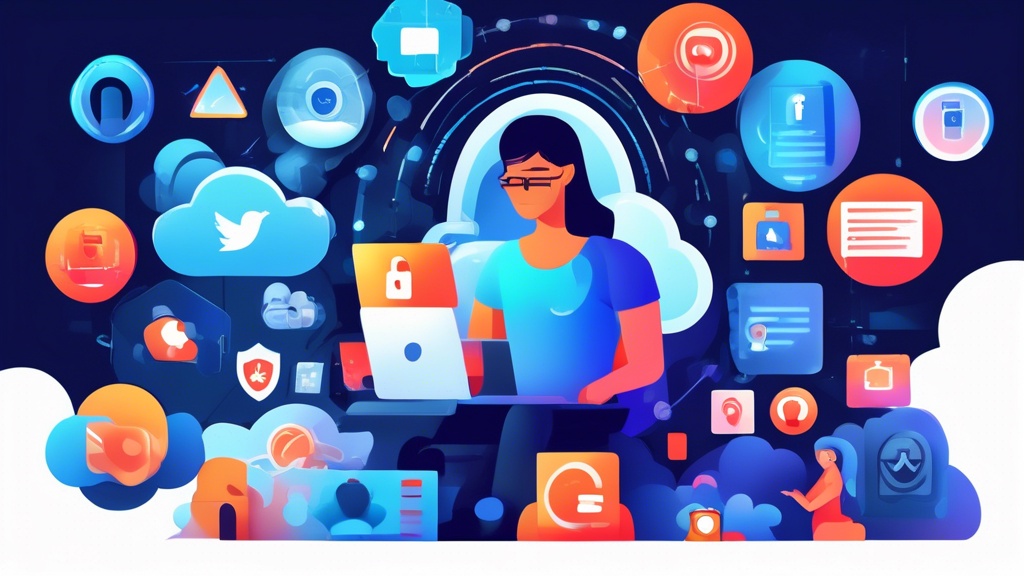 Create an image that visually represents the concept of online privacy protection. The scene should include a person sitting at a computer, surrounded by digital shields and locks, symbolizing data security. Include icons of social media, email, and cloud storage with protective barriers around them. The atmosphere should convey a sense of safety and vigilance, with a mix of bright and dark colors to illustrate the balance between the openness of the internet and the need for privacy.