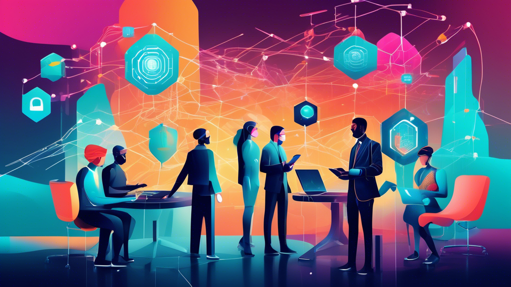 Create an image depicting a futuristic digital landscape where advanced security measures protect personal data. Include visual elements such as abstract data streams being securely locked and encrypted, shielded by interconnected networks. Depict a diverse group of people confidently using their devices, symbolizing enhanced digital privacy in 2023.