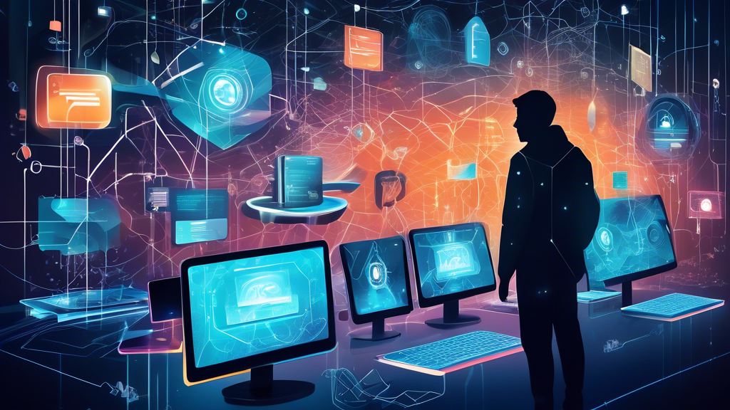 Create an image of a futuristic digital landscape where a person is securely navigating the internet on multiple devices. The person is surrounded by visual representations of internet privacy features like VPNs, firewalls, encrypted data streams, and padlocks, symbolizing security. The background includes abstract depictions of digital information flowing securely through cyberspace, highlighting the protection of personal data. The scene is vibrant and tech-inspired, emphasizing the importance of safeguarding online privacy.