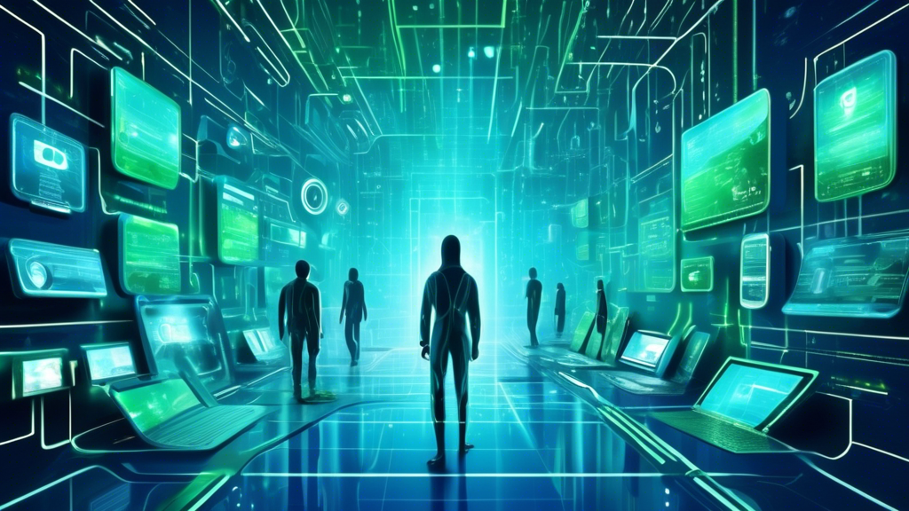 Create an image depicting a futuristic digital landscape illustrating various online privacy tools for secure browsing. Include elements such as virtual shields, encrypted data streams, anonymous avatars navigating through cyberspace, and interconnected padlocks symbolizing privacy and security. The scene should have a cybernetic aesthetic with hues of blue and green to convey a sense of advanced technology and protection.