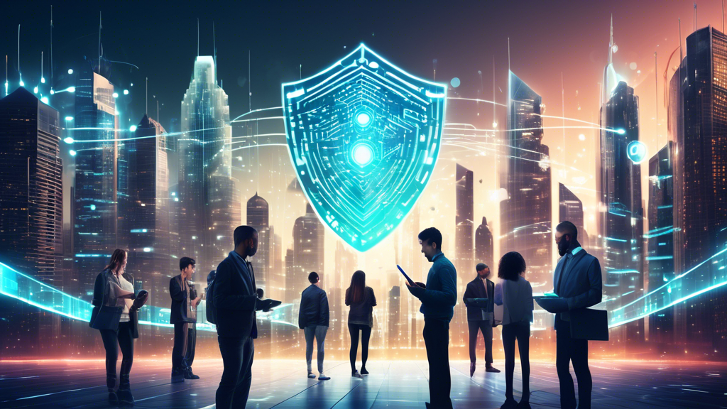 Create an image of a futuristic cityscape with a digital shield symbol hovering above it, representing internet privacy. The city should be illuminated by a network of glowing data streams flowing through buildings, depicting secure and protected data transfer. In the foreground, include diverse people interacting with their digital devices confidently, symbolizing trust in online privacy. The overall atmosphere should convey advanced technology and protection.