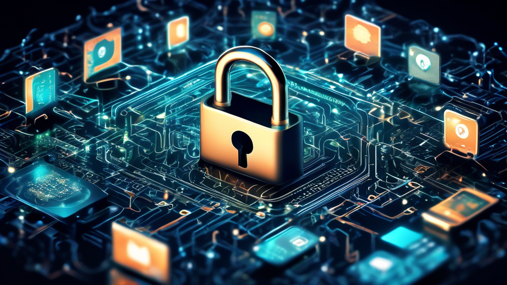 Create an image that features a digital lock symbolizing online security, surrounded by a collage of interconnected devices such as smartphones, computers, and tablets. The background should display a matrix of binary code and abstract circuits, emphasizing the concept of data privacy and protection. Include subtle elements like shields and padlocks to enhance the theme of safeguarding personal information in the digital world.