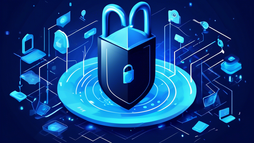 Create an image that visually represents the concept of protecting personal data online. Include elements like a digital lock, a virtual shield, and encrypted codes floating in cyberspace. Incorporate symbols of personal data security such as a padlock securing a smartphone, a computer screen displaying a secure password, and an abstract representation of a firewall. Use a modern and sleek design with a blue and green color scheme to convey trustworthiness and security.