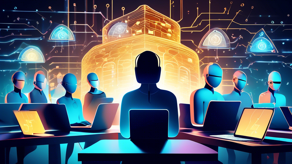 Create an illustration of a digital fortress, symbolizing online data protection. The scene shows diverse individuals using various devices like laptops, tablets, and smartphones, all surrounded by glowing shields and locks. In the background, stylized binary code flows safely in the atmosphere, emphasizing security. The image conveys a sense of harmony between technology and robust cybersecurity.