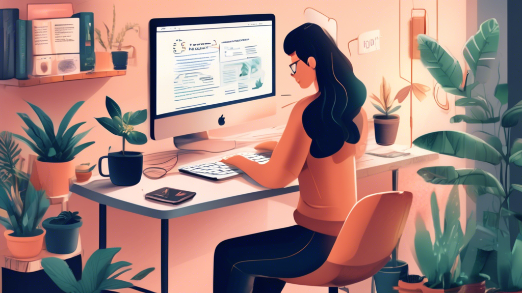 Create a detailed illustration of a digital workspace with a person meticulously crafting an online shop privacy policy. The scene includes a laptop displaying privacy policy templates, a notepad with handwritten notes on data protection, and books on GDPR and online security. The workspace is cozy and well-organized, with plants and ambient lighting, emphasizing the importance of user privacy in e-commerce.