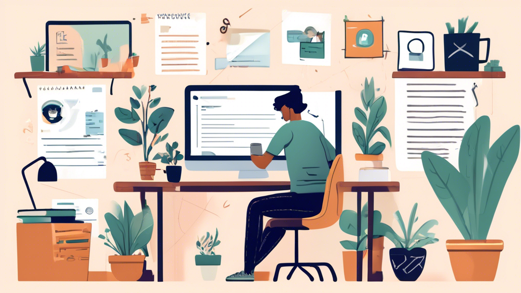 Create an illustration of a modern, friendly-looking digital workspace where a person is designing a privacy policy document on their computer. The scene includes a cozy home office setup with plants, a cup of coffee, and notes scattered around the desk. On the computer screen, there are snippets of text labeled Privacy Policy, with icons representing data protection such as locks, shields, and checkmarks. The overall vibe should be approachable and professional, emphasizing the idea of creating a simple and free privacy policy for a website.