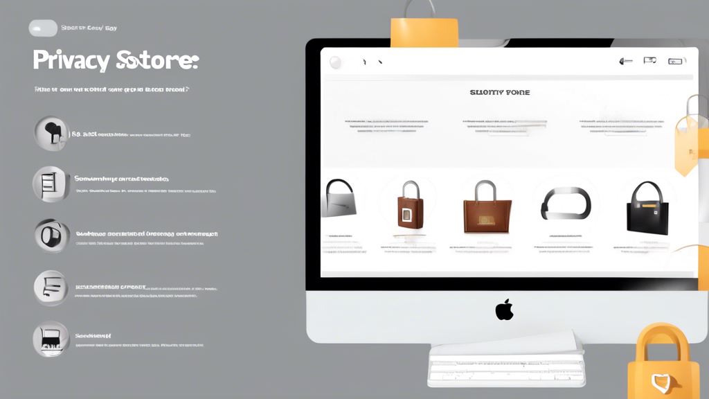 Create an image of a modern, minimalist online store interface displaying a Privacy Policy section. The image should include a laptop or tablet screen showing the online store's homepage, prominently featuring tabs or icons for Shop, Account, and a highlighted Privacy Policy section. Include visual elements like padlock icons to symbolize security and privacy. The overall aesthetic should be clean and professional, using a neutral color scheme and sleek design elements to convey a sense of trust and reliability in the online shopping experience.