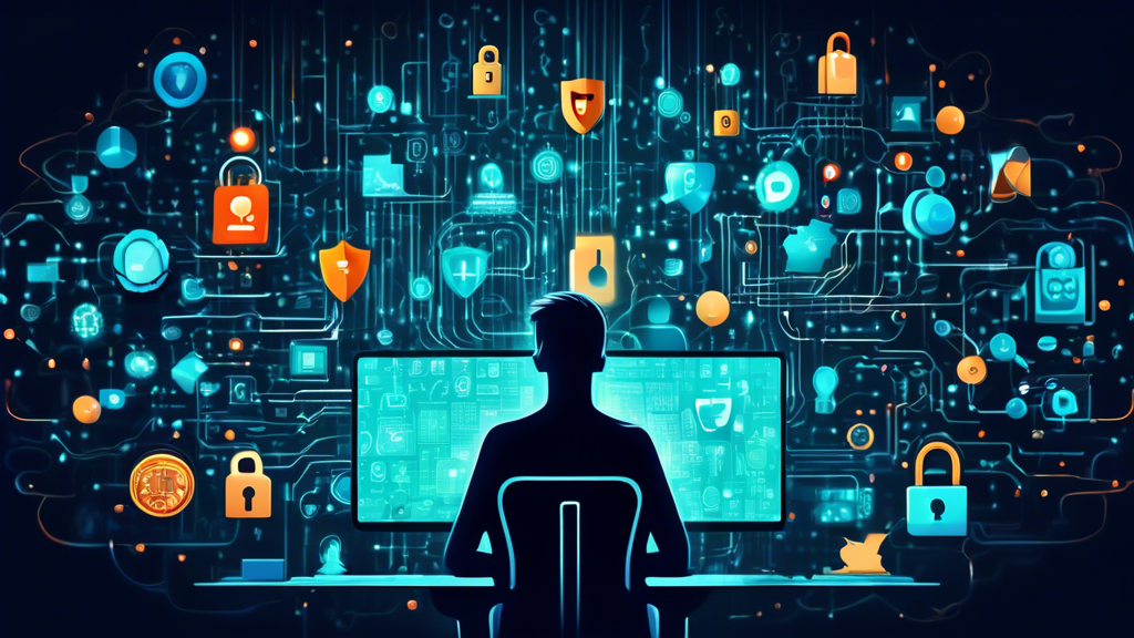 Create an illustration depicting a person surrounded by various digital privacy icons, such as locks, shields, VPN symbols, and secure browsers, while using a computer. The background should resemble a matrix of binary code and network cables, symbolizing the digital world. The person should appear focused and empowered, symbolizing control over their online privacy. The overall tone should be modern and futuristic, emphasizing the importance of internet security and personal data protection.