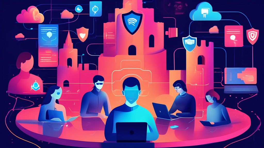 Create an image that depicts a digital fortress surrounding a person's online identity. The scene should include a diverse group of people using laptops and smartphones, each with a shield icon representing privacy protection. In the background, illustrate various cybersecurity elements like padlocks, encrypted data streams, and secure cloud networks, all set in a futuristic digital landscape. The overall mood should convey a sense of safety and empowerment in safeguarding personal information online.