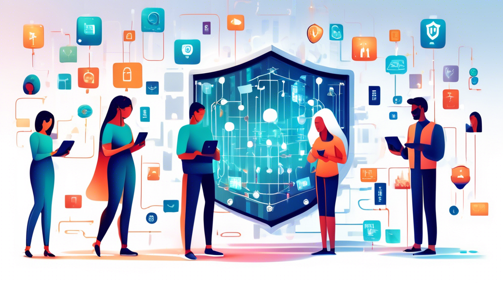 Create an image depicting a diverse group of people using different devices, like smartphones, tablets, and laptops, surrounded by a digital shield or barrier symbolizing protection. Include elements such as encrypted messages, padlocks, and firewall icons floating around them, representing the concept of safeguarding personal information online. The background should be a dynamic digital landscape with a matrix of binary code subtly woven into the design, indicating cyber security. The setting should feel modern and tech-savvy.