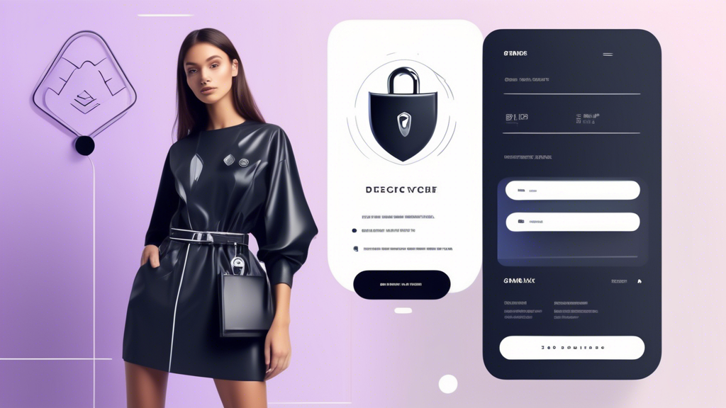 Create an image featuring a stylish, futuristic online clothing store interface combined with a padlock symbol. The interface should display clothing items like dresses and shirts on the left side, and a clear, simplified text depicting a privacy policy on the right side. Incorporate elements like digital security icons, such as a shield and a checkmark, to emphasize the importance of privacy. The aesthetic should be modern and inviting, with a soothing color palette that suggests professionalism and trust.